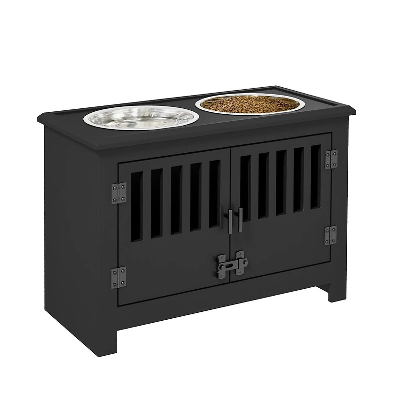 Aostirmotor 37in-l Black Elevated Dog Bowls Storage Cabinet Raised Dog Bowl Stand Feeding Station