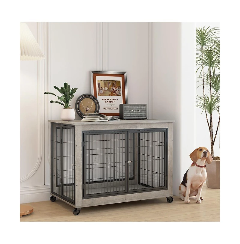 Aostirmotor Grey Dog Crate Side Table with Wheels Double Doors and Lift Top