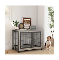 Aostirmotor Grey Dog Crate Side Table with Wheels Double Doors and Lift Top