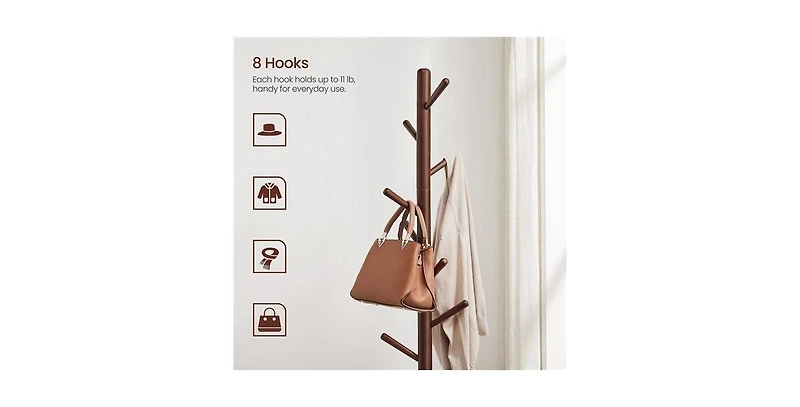 Slickblue Freestanding Solid Wood Coat Rack with 8 Hanging Hooks, Modern Design