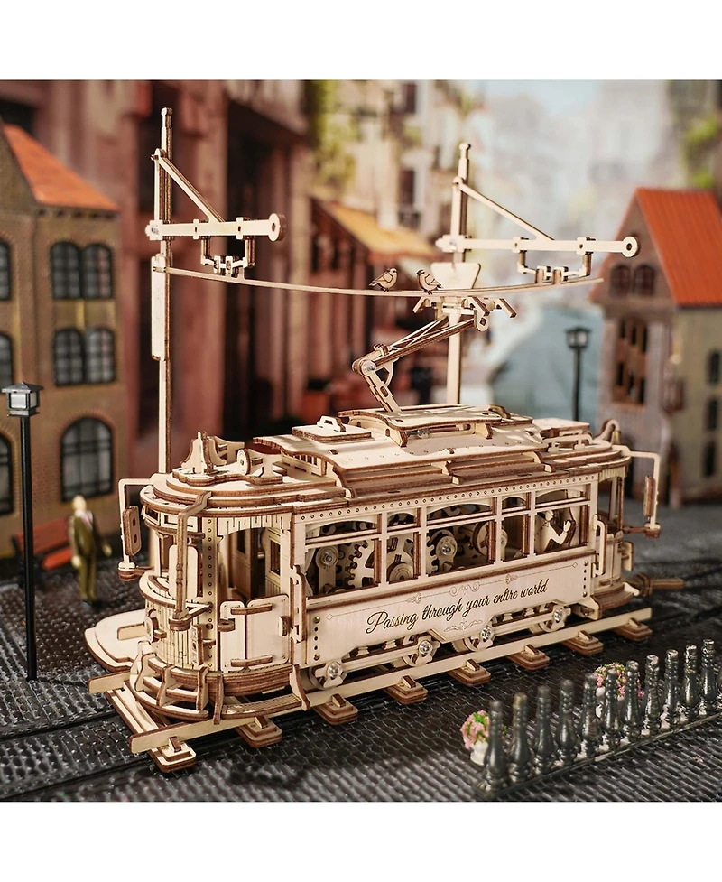 Robotime 3D Puzzle Classic City Tram Car Mechanical Gear Model Kit, Beige, 11.3"6.49"9.72"