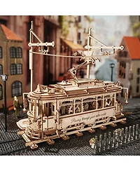 Robotime 3D Puzzle Classic City Tram Car Mechanical Gear Model Kit, Beige, 11.3"6.49"9.72"