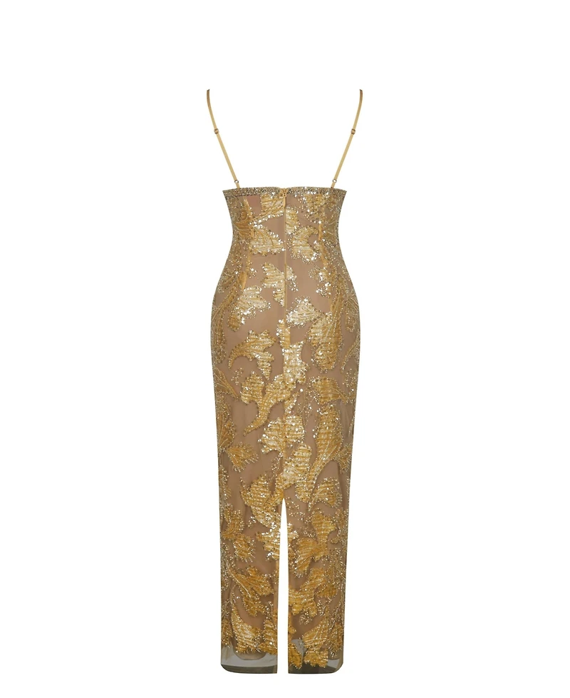 Miss Circle Women's Edie Gold Beaded Sequin Midi Pencil Dress