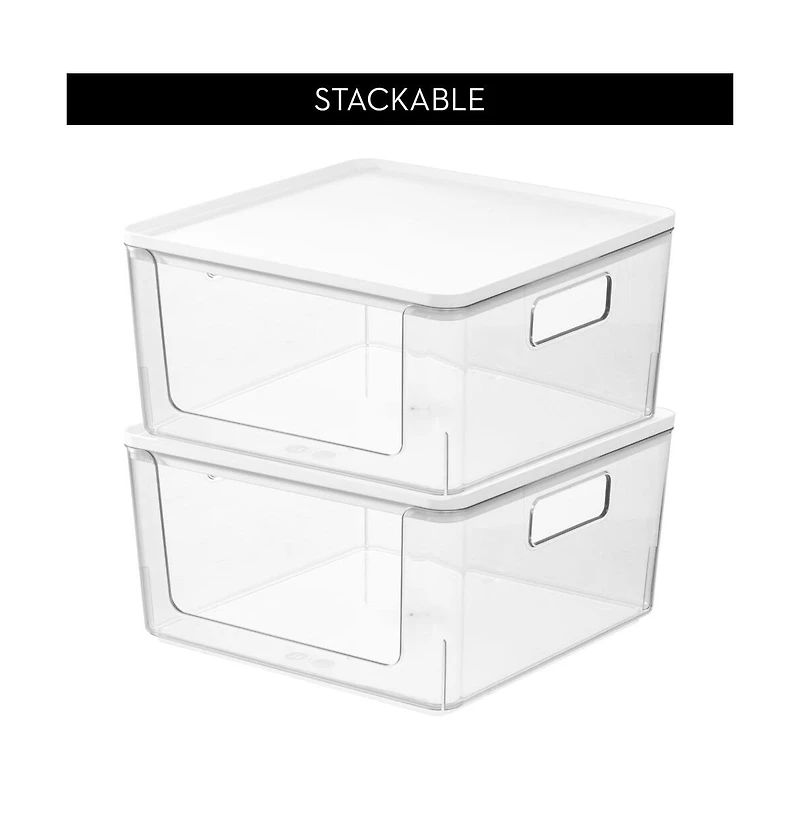iDesign Stackable Open-Front Bins with Lid, Set of 3, Clear/White