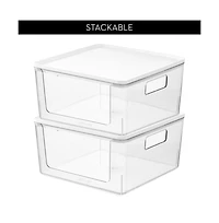 iDesign Stackable Open-Front Bins with Lid, Set of 3, Clear/White