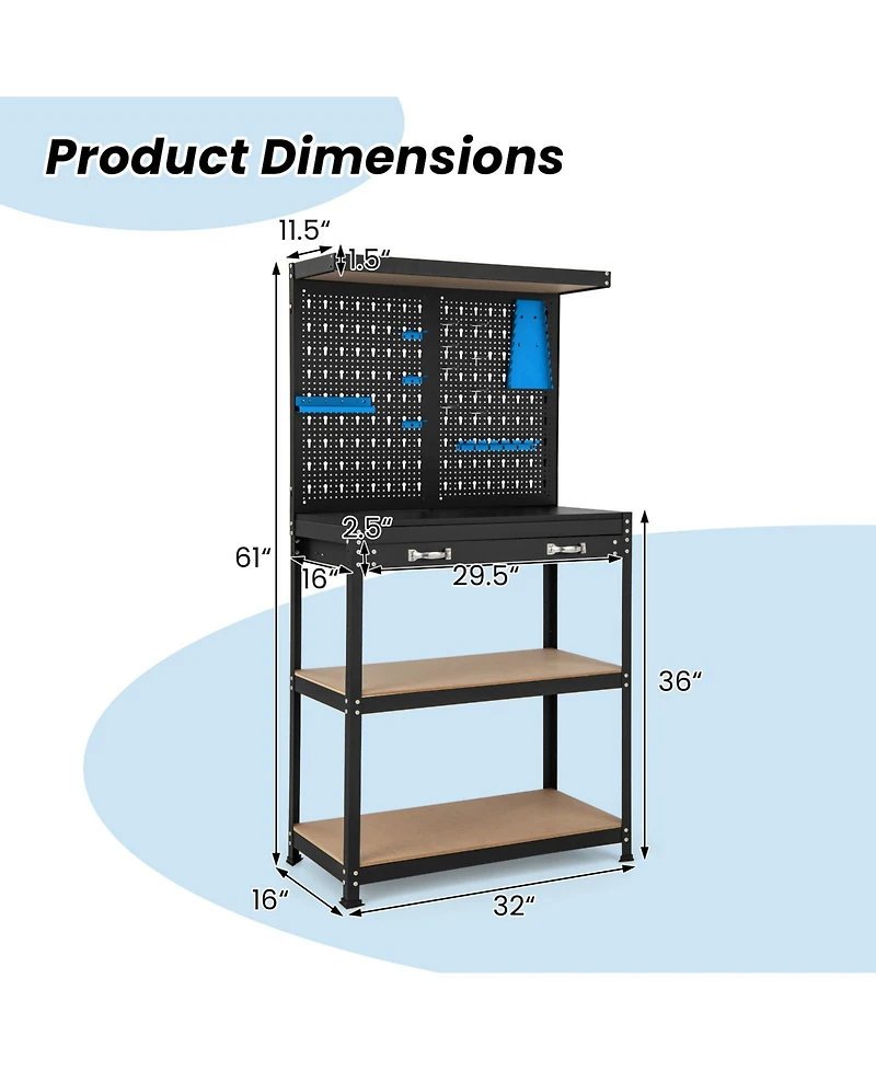Akiudex tool storage workbench with pegboard with 14 hanging accessories for garage