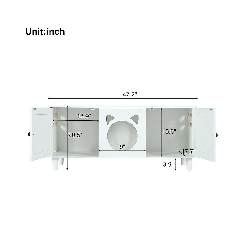 Aostirmotor 47.2 in. Wooden Cat Cabinet Cat litter box with Sisal scratching door in Cream white