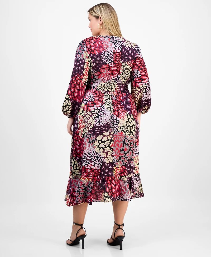 Tahari Asl Plus Ruffle Hem Printed Faux-Wrap Dress