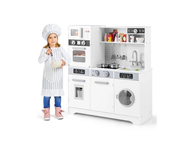 Akiudex Pretend Play Kitchen Wooden Toy Set with Real Lights and Sounds