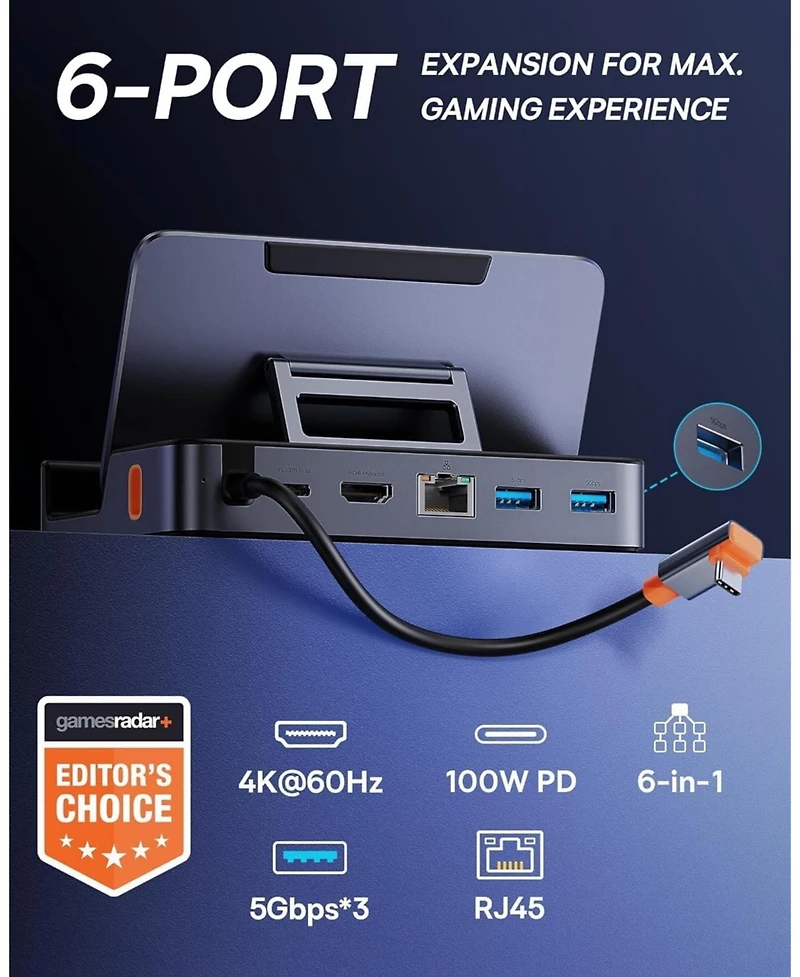 Steam Deck Dock, Baseus 6-in-1 Docking Station for Steam Deck/Rog Ally X/Legion Go with Hdmi 2.0 4K60Hz, Gigabit Ethernet,100W Pd and 3 Usb-a Ports