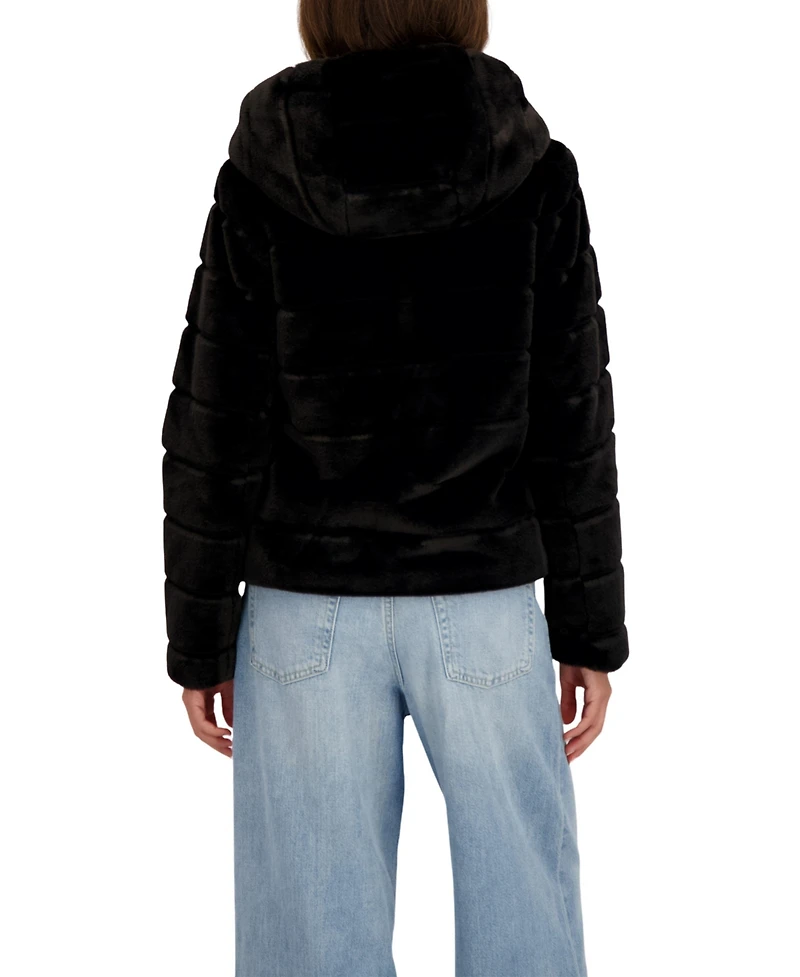 Sebby Collection Women's Hooded Grooved Short Faux Fur Jacket