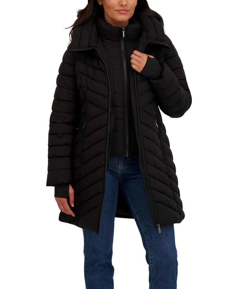 Sebby Collection Women's 3/4 Hooded Stretch Puffer with Bib