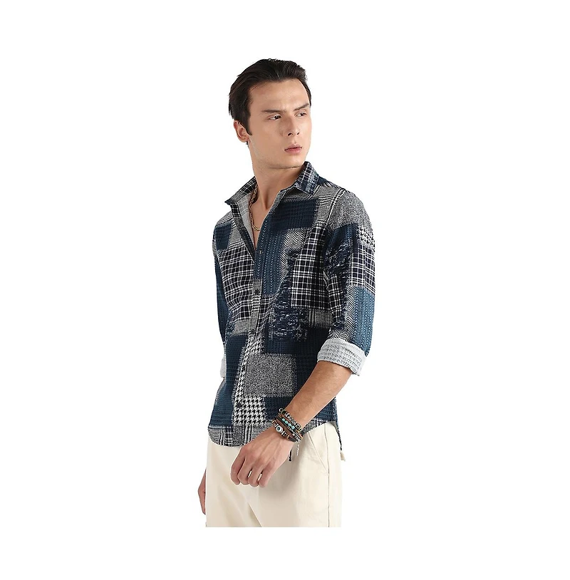 Campus Sutra Men's Navy Blue Herringbone Block Shirt