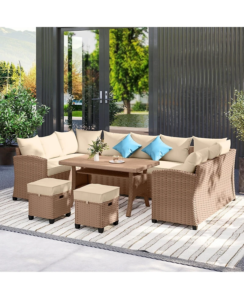 Outsunny Patio Furniture Sectional Sofa w/ Ottomans & Table,