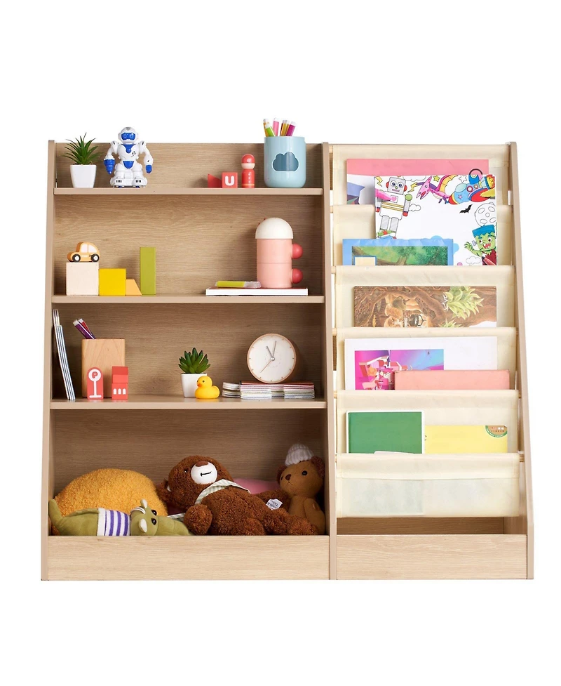 4-Tier Wooden Kids Bookshelf with 6-Layer Sling Rack for Books and Toy Storage