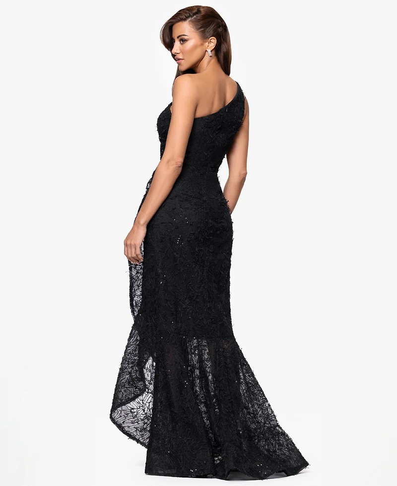 Xscape Petite Sequin Embroidery One-Shoulder High-Low Gown