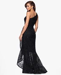 Xscape Petite Sequin Embroidery One-Shoulder High-Low Gown