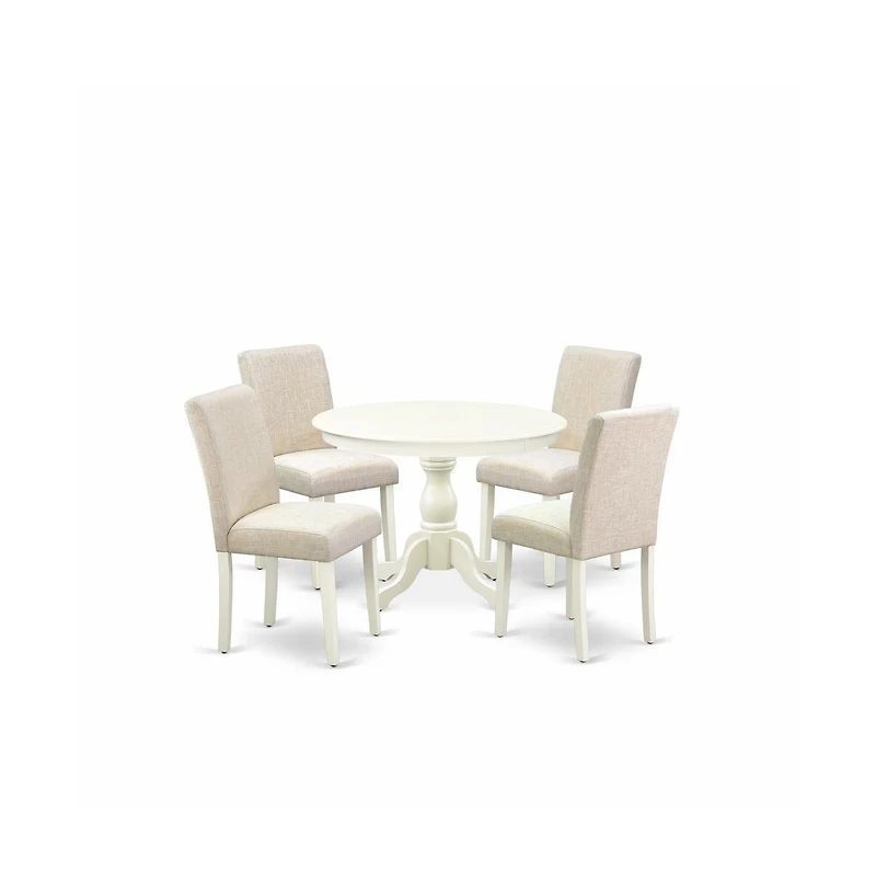 East West Furniture 5 Piece Kitchen Table Set - Linen White Dining Room Table and 4 Light Beige Linen Fabric Kitchen Chairs with High Back