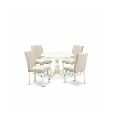 East West Furniture 5 Piece Kitchen Table Set - Linen White Dining Room Table and 4 Light Beige Linen Fabric Kitchen Chairs with High Back