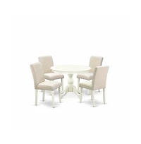 East West Furniture 5 Piece Kitchen Table Set - Linen White Dining Room Table and 4 Light Beige Linen Fabric Kitchen Chairs with High Back