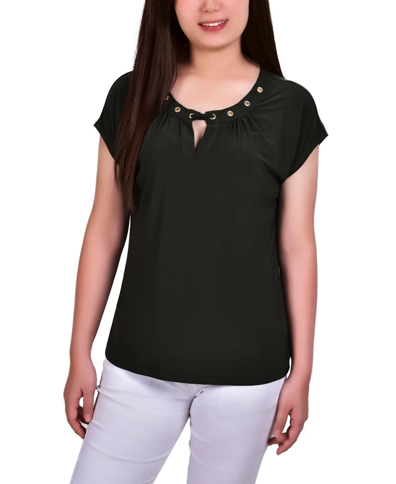 Ny Collection Petite Short Extended-Sleeve Grommet Neck Knit Top