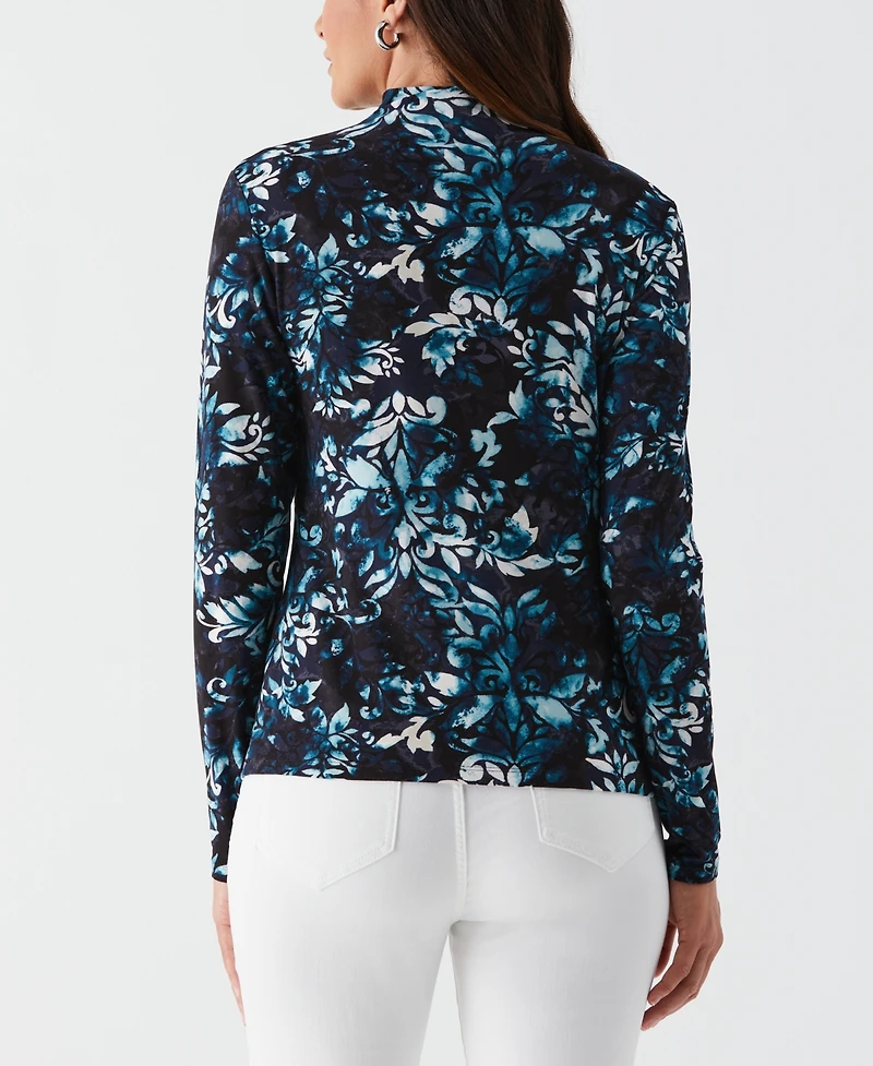 Ella Rafaella Women's Shadow Damask Print Ruched Mock Neck Long Sleeve Top