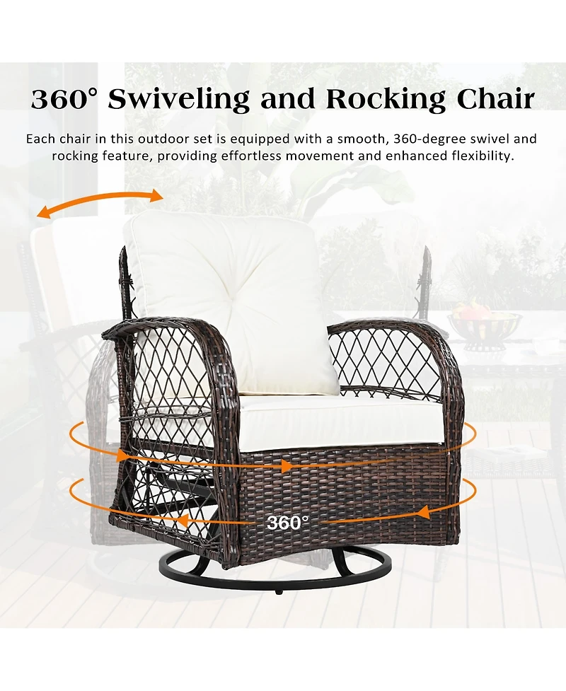 Flynama 3-piece Outdoor Chair&Table Set Chat Set 2-person Rattan Seating Group with Two Swiveling and Rocking Chairs and a Square Table for Garden, Pa
