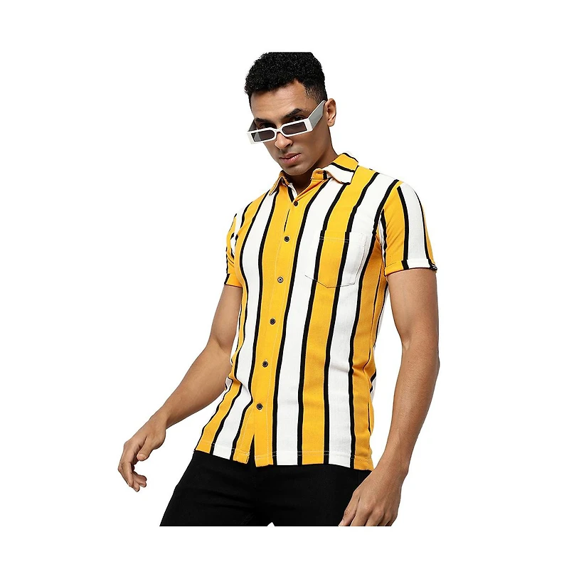 Campus Sutra Men's Yellow Striped Regular Fit Casual Shirt
