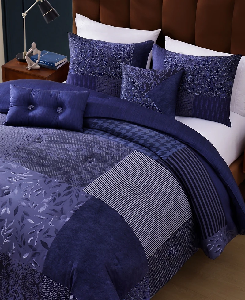 Bebejan Blue Denim Patchwork Bedding 100% Cotton Sateen 5 Piece Queen Size Reversible Comforter Set