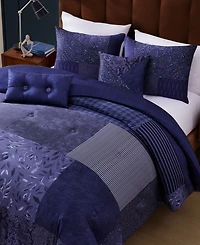 Bebejan Blue Denim Patchwork Bedding 100% Cotton Sateen 5 Piece Queen Size Reversible Comforter Set
