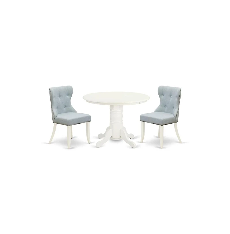 East West Furniture dining room table set of 2 amazing kitchen chairs with Linen Fabric Baby Blue color and a gorgeous modern dining table with Linen