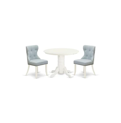 East West Furniture dining room table set of 2 amazing kitchen chairs with Linen Fabric Baby Blue color and a gorgeous modern dining table with Linen