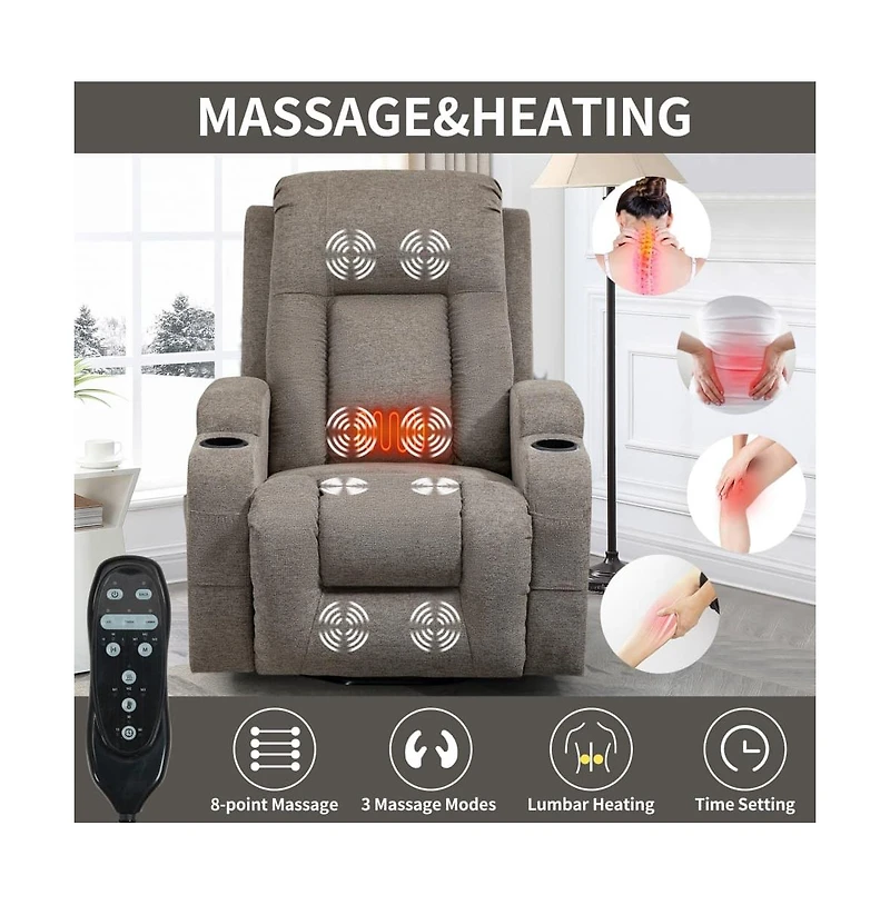 Power Lift Recliner Chair with Heat & Massage, Usb Port Cup Holders, Grey Electric Massage for Seniors-Maison Boucle