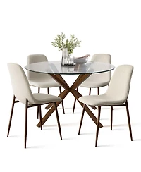 5-Piece Round Glass Dining Table Set for 4, Modern with Upholstered Fabric Chairs and Walnut Metal Legs-Maison Boucle