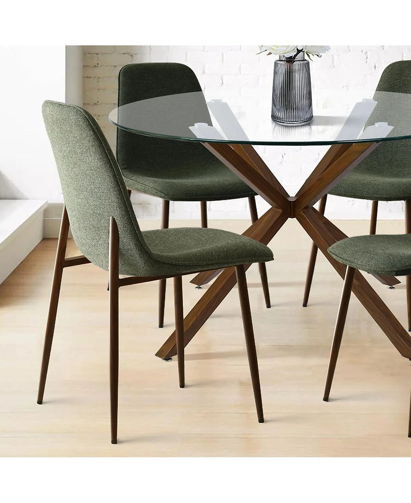 5-Piece Round Glass Dining Table Set for 4, Modern with Upholstered Fabric Chairs and Walnut Metal Legs-Maison Boucle