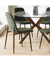 5-Piece Round Glass Dining Table Set for 4, Modern with Upholstered Fabric Chairs and Walnut Metal Legs-Maison Boucle