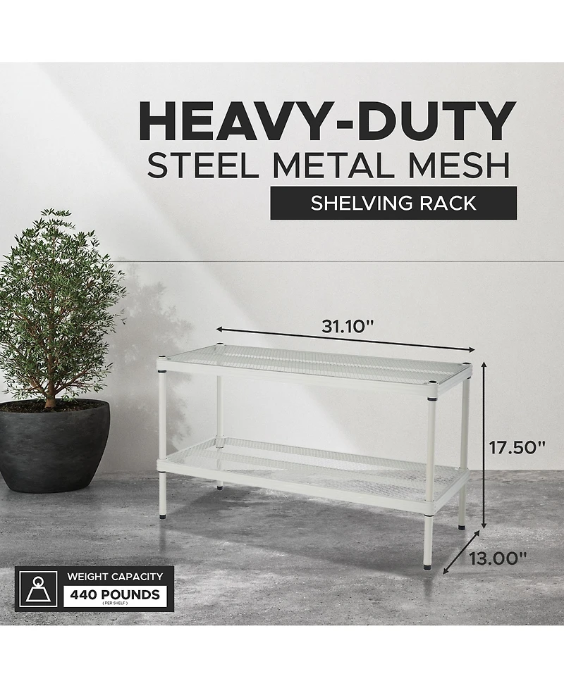 Design Ideas MeshWorks 2 Tier Full-Size Metal Storage Shelving Unit Rack, White