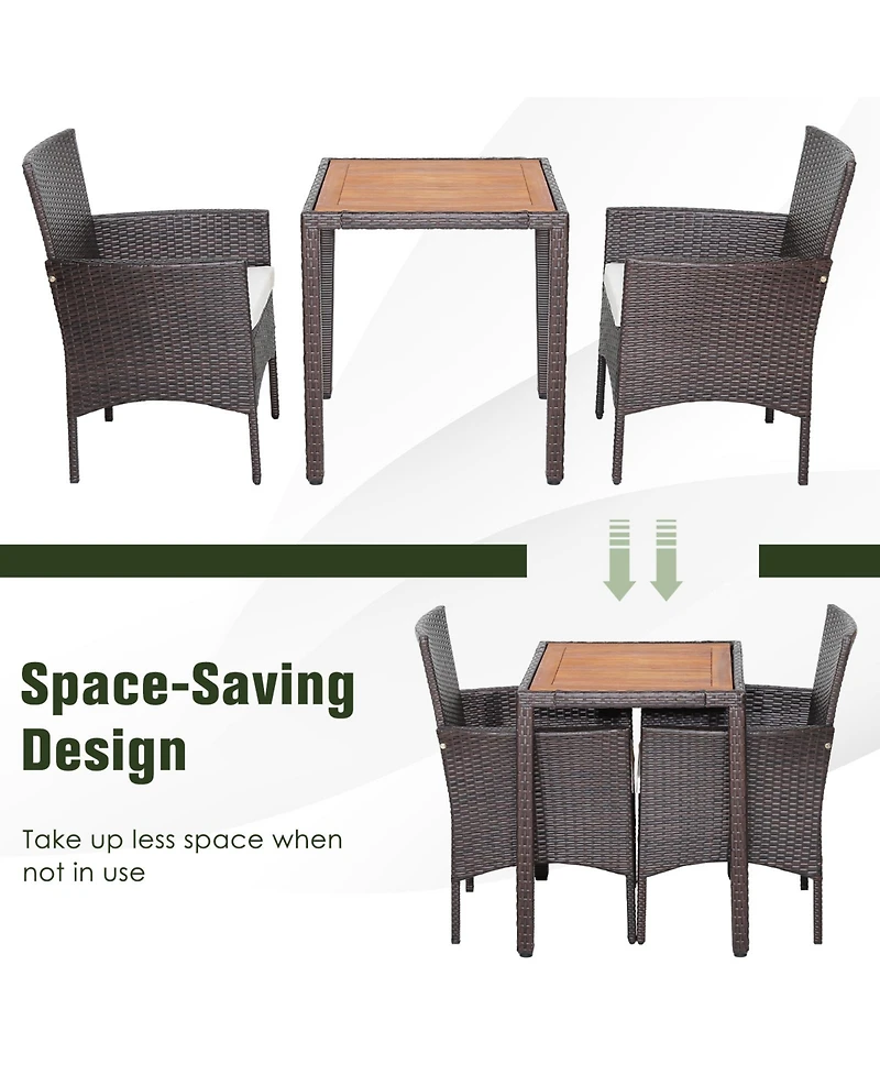 Gymax Set of 3 Wicker Dining Set Acacia Wood Table Top W/ Cushioned Chairs Patio Garden