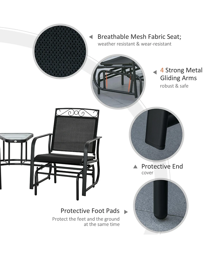 Flynama Outdoor Glider Chairs with Coffee Table, Patio 2-Seat Rocking Chair Swing with Breathable Sling for Backyard, Garden and Porch, Black