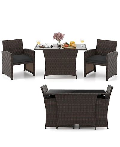 Gymax 3 Piece Patio Wicker Dining Set 2 Rattan Chairs w/ Rectangle Tempered Glass Dining Table