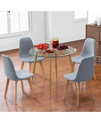 Gymax 5 Pcs Dining Set Round Tempered Glass Table 4 Fabric Chairs Solid Wood Kitchen