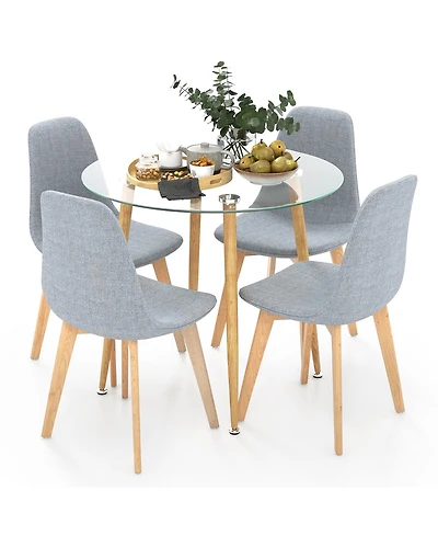 Gymax 5 Pcs Dining Set Round Tempered Glass Table 4 Fabric Chairs Solid Wood Kitchen