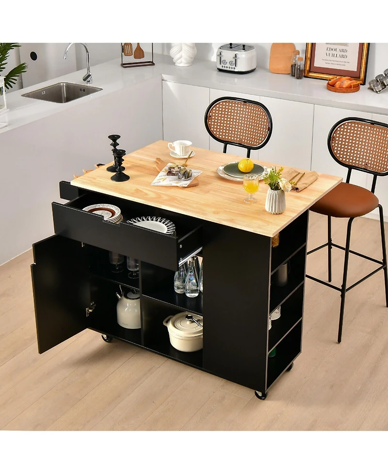 Gymax Kitchen Island Cart Rolling Serving Trolley w/ Drop Leaf Spice Rack Shelves
