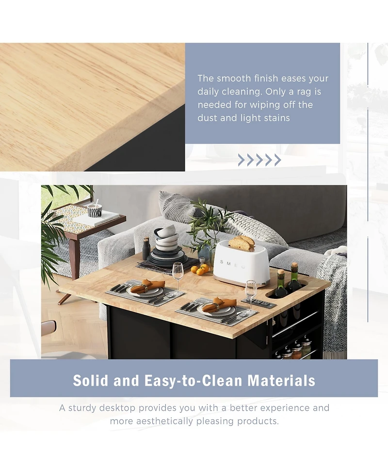 Casainc Kitchen Island with Drop Leaf, Power Outlet, Rubber Wood Top, Rack, Open Storage, Adjustable Shelves (No Stools)