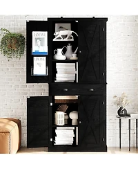 Ironck Kitchen Pantry Storage Cabinet 72.6" H, with Barn Doors, Drawer, Black