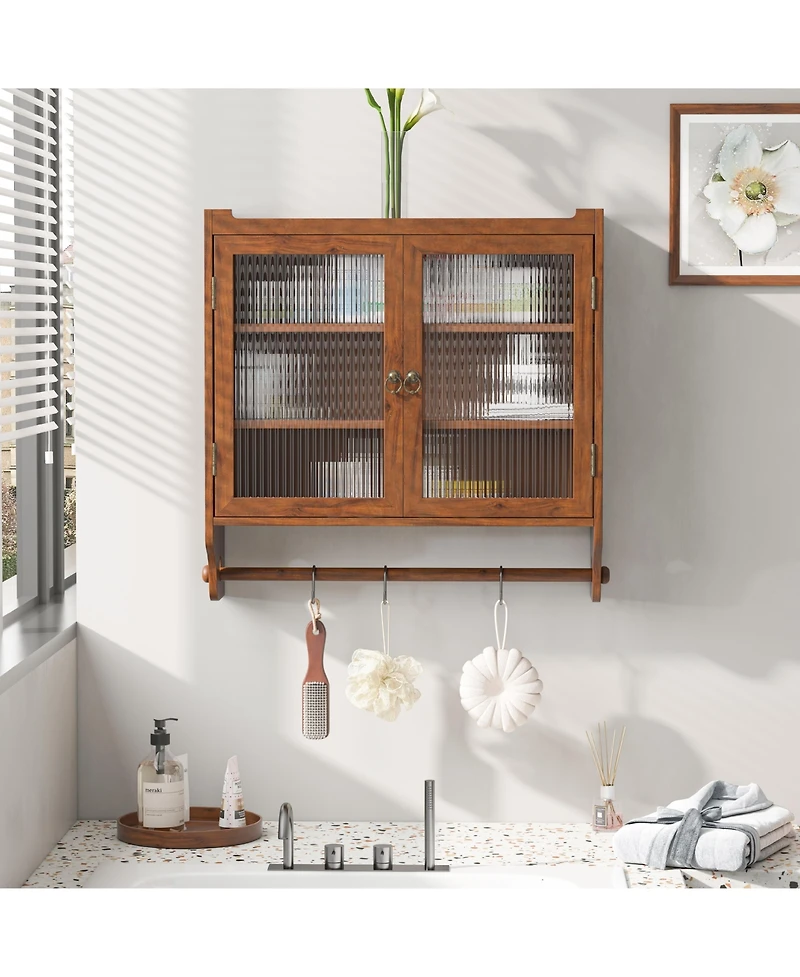 Casainc 24.8" Vintage Double Door Wall Cabinet With Glass Doors, 3 Tiers and Towel Rack