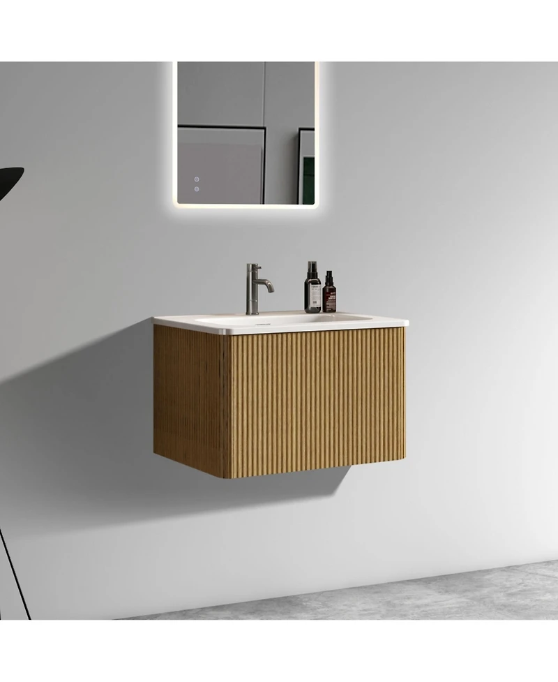 Casainc Etna 24" Floating Vanity With Ceramic Sink and Striped Oak Finish, Pre-Assembled