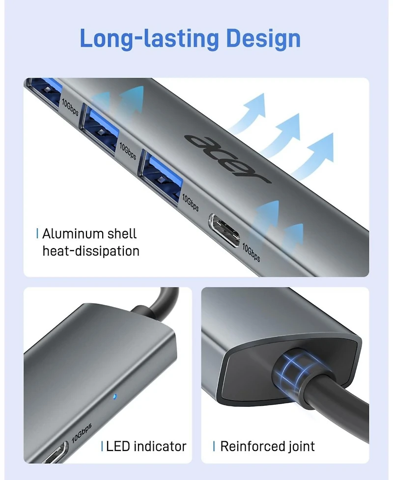 Acer Usb-c Hub 10Gbps, Usb 3.2 Gen 2 Adapter with 3 Usb-a & 1 Usb-c Ports