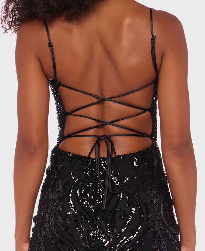 B Darlin Juniors' Strappy Mesh Sequin Bodycon Dress