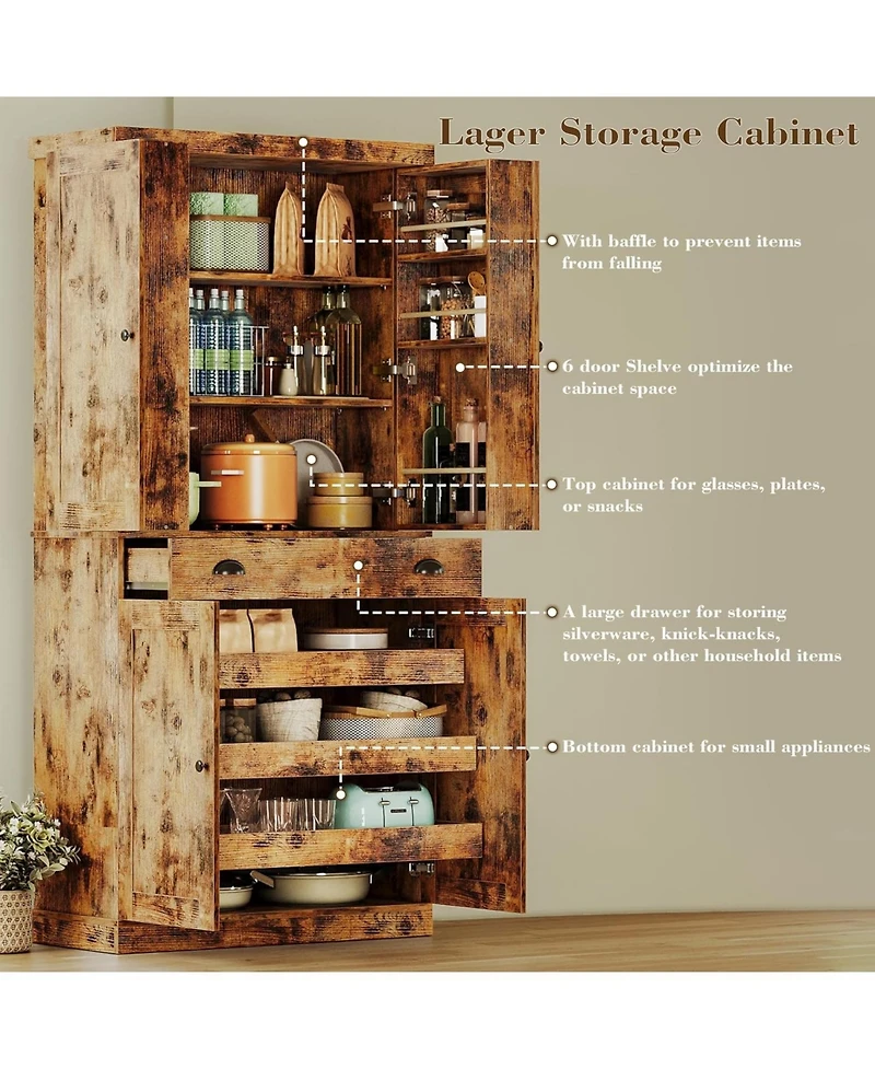 Ironck Kitchen Pantry Cabinet 72" Height, with Drawer, Rack, Vintage Brown